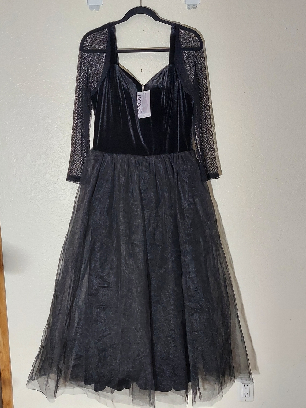 OYROSY Black Velvet Sheer Mesh Sleeve Sweetheart Neck  Maxi Dress WM Sz XL NWT